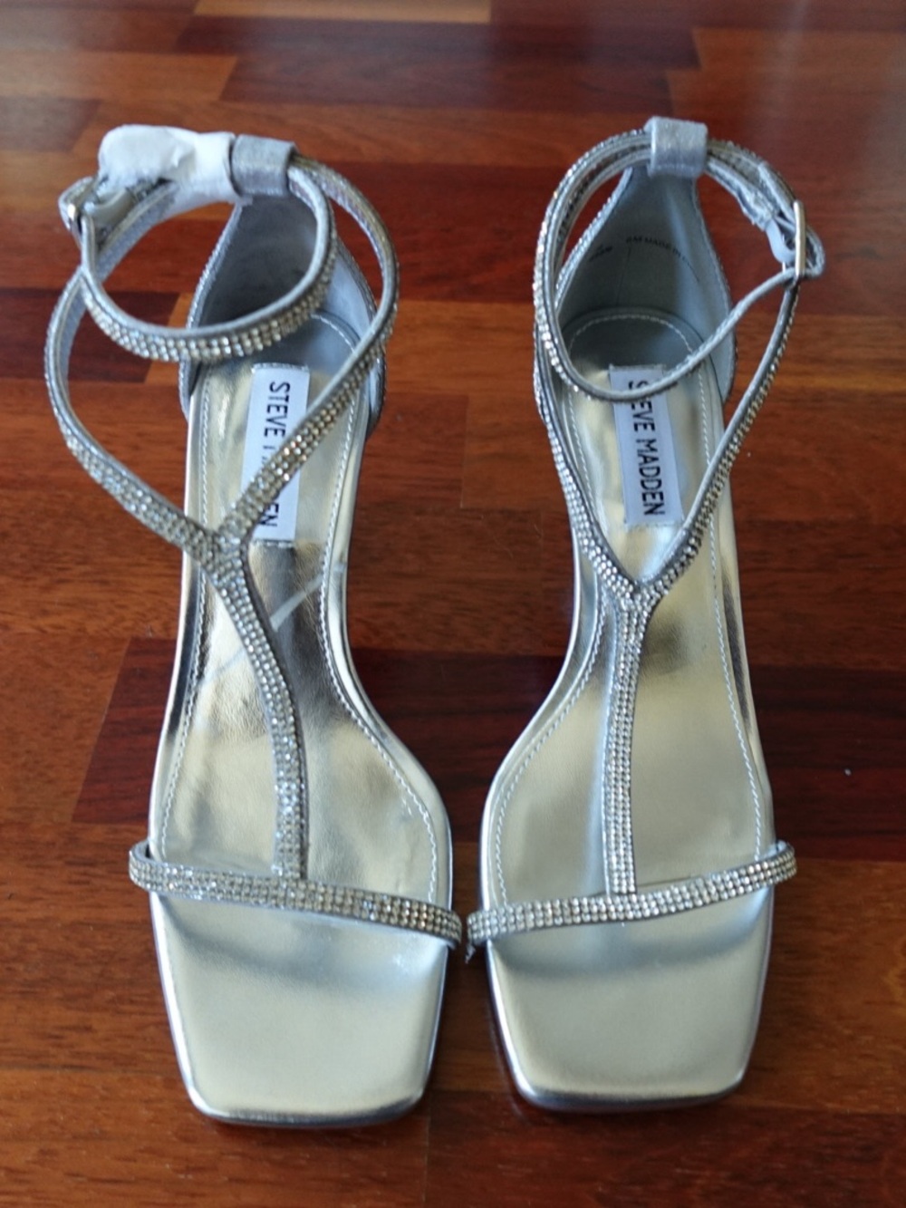 Steve Madden Silver Crystal T-Strap Heels